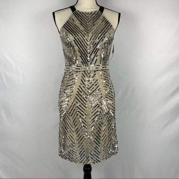 NWT Aidan Mattox Champagne Beaded Cocktail Dress Size Small